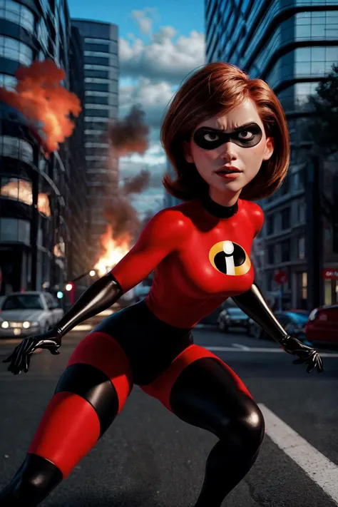 masterpiece, best quality, ultra high res, 1girl, 3d, photorealistic, masterpiece, best quality, skin indentation, angry, helen parr, brown eyes, gloves, mask, domino mask, short hair, brown hair, black skintight bodysuit, dynamic angle, dynamic pose, dark theme, outdoor, city explosion, bomb, fire, smoke <lora:add_detail:1.5>, <lora:helen:0.8>, <lora:LowRA:0.5>