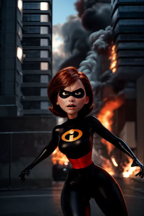 masterpiece, best quality, ultra high res, 1girl, 3d, photorealistic, masterpiece, best quality, skin indentation, angry, helen parr, brown eyes, gloves, mask, domino mask, short hair, brown hair, skintight bodysuit, dynamic angle, dynamic pose, dark theme, outdoor, city explosion, bomb, fire, smoke <lora:add_detail:1.5>, <lora:helen:0.8>, <lora:LowRA:0.5>