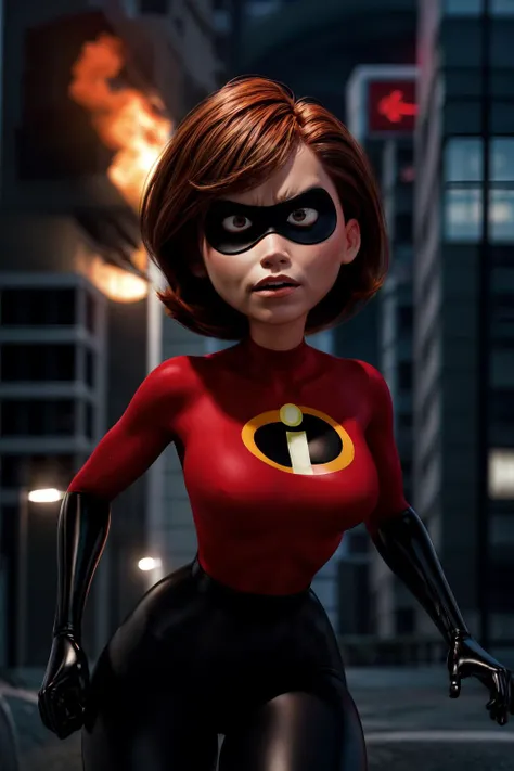 masterpiece, best quality, ultra high res, 1girl, 3d, photorealistic, masterpiece, best quality, skin indentation, angry, helen parr, brown eyes, gloves, mask, domino mask, short hair, brown hair, black skintight bodysuit, dynamic angle, dynamic pose, dark theme, outdoor, city explosion, bomb, fire, smoke <lora:add_detail:1.5>, <lora:helen:0.8>, <lora:LowRA:0.5>