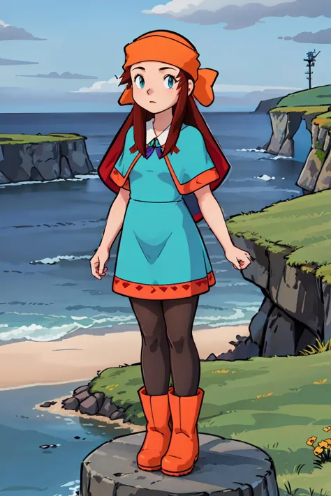 melody,1girl,small breasts,standing,facing viewer,solo,bandana,dress,capelet,short sleeves,pantyhose,boots,full body,on remote island,Icelandic countryside,ocean view,on top of cliff, <lora:Melody:0.8>