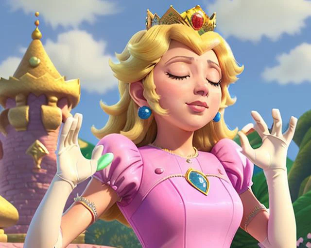 (Princess Peach:1.2), (PachaMeme:1.25), (Peach_SMP:1.06), Pacha Meme, (perfect), (eyes closed), (lifted chin:1.2), green hill background, sky background, serene expression, pink dress, (peachdress:1.21), (long white gloves:1.2), (mouth closed:0.9), (pout:0.8), frown <lora:PachaMeme:1.2> <lora:Peach_SMP:0.66> <lora:peach:0.28> <lora:princess_peach_dress_outfit-v1:0.36>
