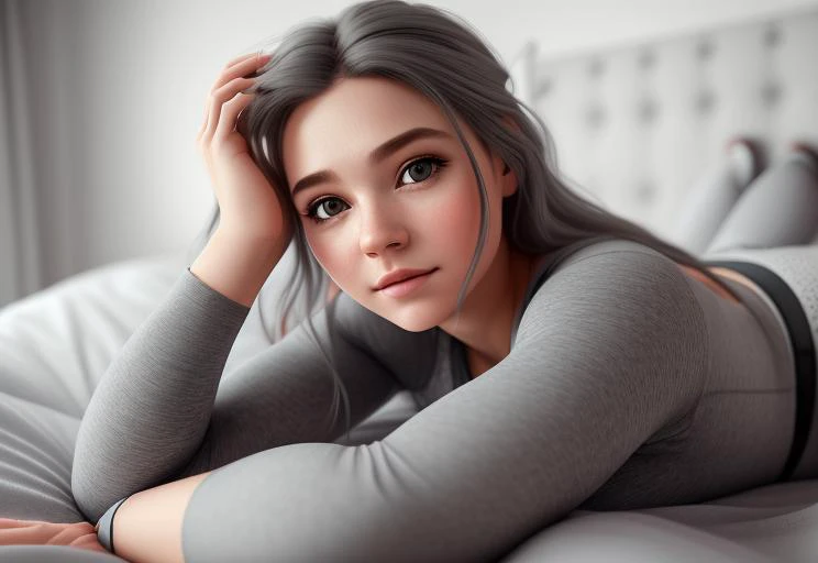 girl wearing grey leggings, 

laying on bed

cute, innocent, 

realistic, portrait, 8k octane, masterpiece