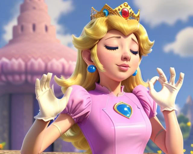 (Princess Peach:1.2), (PachaMeme:1.25), (Peach_SMP:1.06), Pacha Meme, (perfect), (eyes closed), (lifted chin:1.2), green hill background, sky background, serene expression, pink dress, (peachdress:1.21), (long white gloves:1.2), (mouth closed:0.9), (pout:0.8), frown <lora:PachaMeme:1.2> <lora:Peach_SMP:0.66> <lora:peach:0.28> <lora:princess_peach_dress_outfit-v1:0.36>