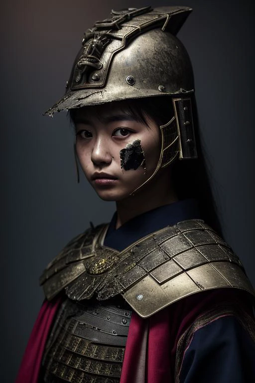 High detail RAW color Photo of portrait Japanese girl, with ((damaged Traditional Samurai Armour, detailed ornament)), ((without helmet)), (highlight hair), highly detailed, 4 k, hdr, smooth, sharp focus, high resolution, award - winning photo, <lora:LowRA:0.7>
