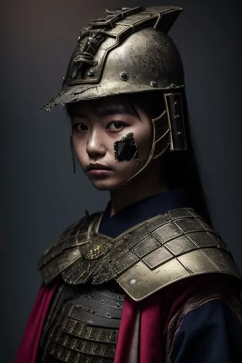 High detail RAW color Photo of portrait Japanese girl, with ((damaged Traditional Samurai Armour, detailed ornament)), ((without helmet)), (highlight hair), highly detailed, 4 k, hdr, smooth, sharp focus, high resolution, award - winning photo,  <lora:LowRA:0.7>