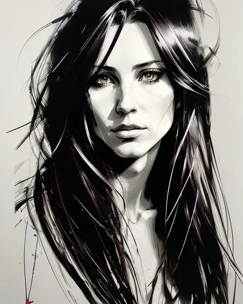 Line drawing, by Ashley Wood, by Ben templesmith, long flowing hair, 30 year old female, beauty portrait, strong vibrant metallic neon collours, bold brush strokes