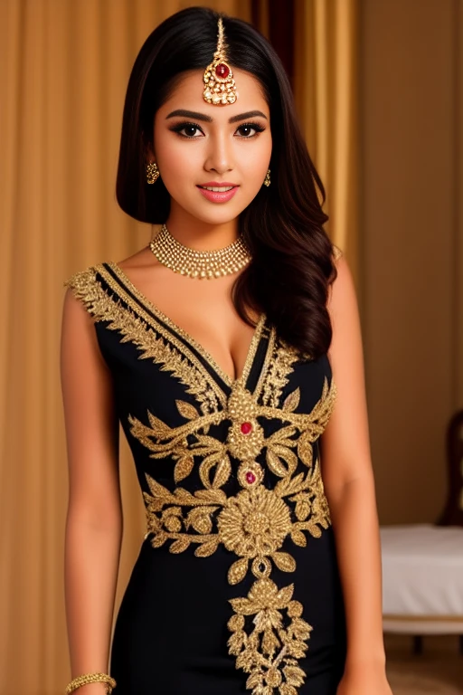a young sexy hot woman,
Middle Eastern,
face with questioning look,
extravagant authentic indonesia dress,
exaggerated accessories