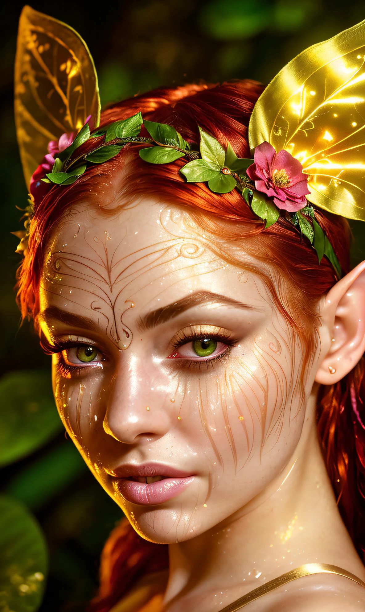 beautiful female fairy, magical, jungle, ((satin bra and panties)), red hair, elf ears, flower crown on head, ((seductive)), ((mischievous)), golden time lighting, stunning, highly detailed, 8k, ((RAW color Photo)), ((detailed facial features)), ((skin texture)), ((sweaty))