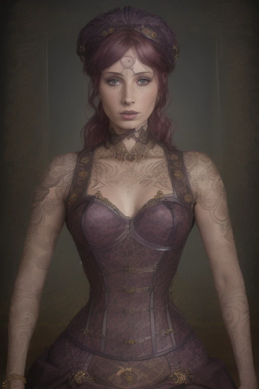 (goddess with golden body tattoos),standing, steampunk corset, extremely detailed, twisted light painting, 8k render, complex, ultra realistic, ((Rembrandt, Ring Light using purple,ultraviolet,blue lights)), (photo-realistic, raw color image:1.2),  <lora:edgSteampunk:1.2>, Karen Gillan:0.25, Madelaine Petsch:0.25, Sophie Turner:0.25, Christina Hendricks:0.25