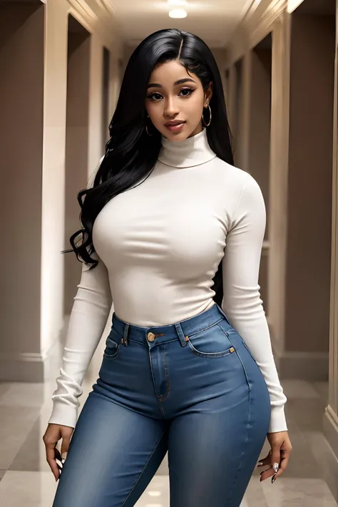hdr, a beauty photo of cardib wearing a turtleneck and tight jeans, standing in a fancy hallway, warm ambiance, bounce lighting, looking at viewer, smiling,  <lora:cardib:1> extremely detailed,
