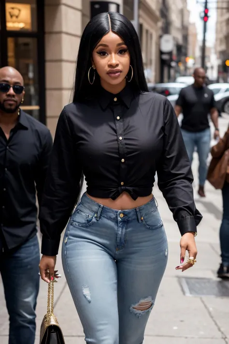<lora:cardib:1> cardib (wearing black closed shirt and jeans :1.2)