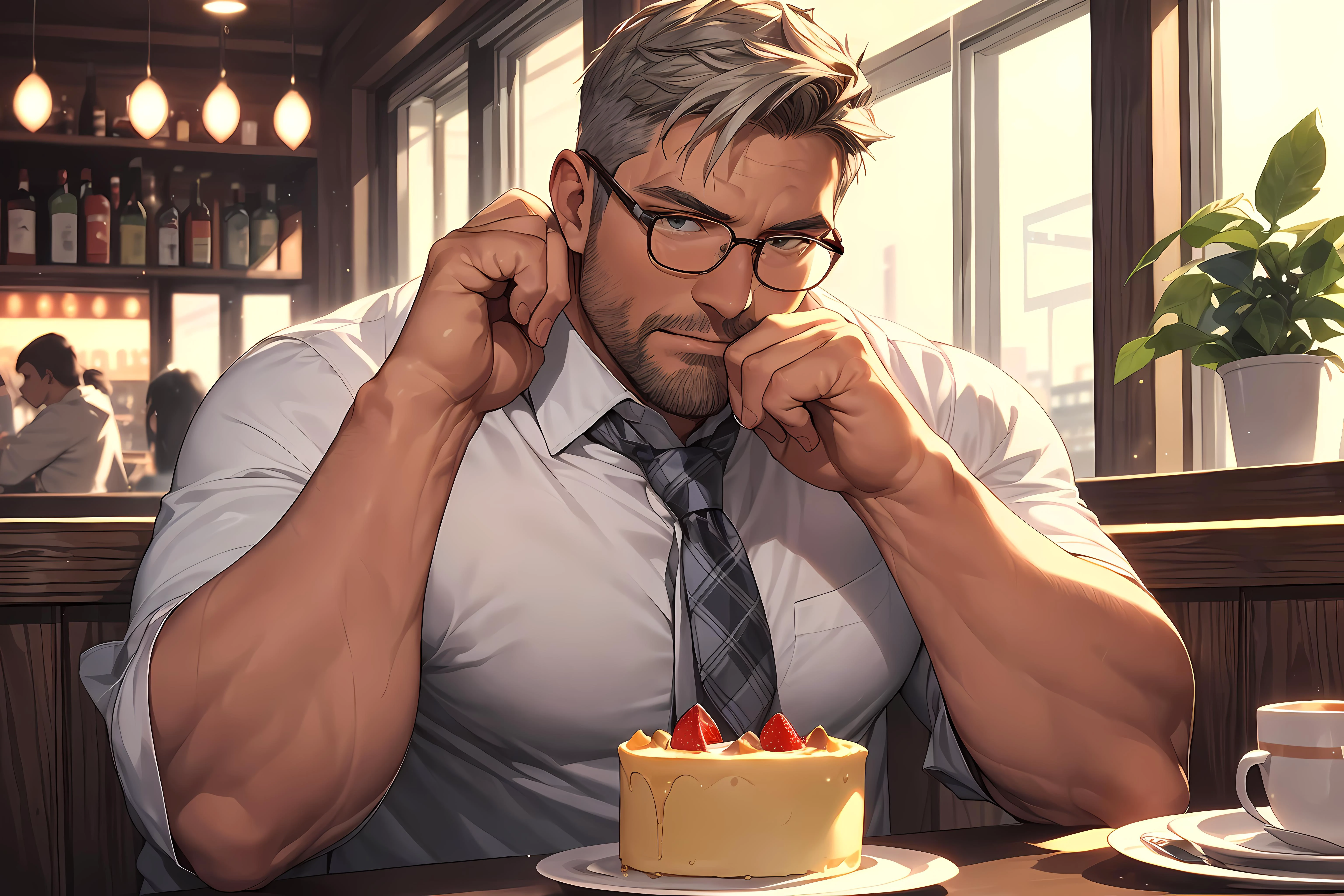 Sitting at cafes drink a coffee, uniform, tie, Black-rimmed glasses, eating a cake,
(8K, HDR, best quality, highres, absurdres:1.2), specular lighting, photon mapping, radiosity, physically-based rendering, light particle, (establishing shot), (dynamice pose:1.5), (looking away:1.2),
daddy, (40 years old), grey hair, beard, extremely handsome,
<lora:add_detail:0.5> <lora:AsianMaleRG:0.2> <lora:Nijimale-Glimmer:0.5>
