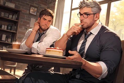 Sitting at cafes drink a coffee, uniform, tie, Black-rimmed glasses, eating a cake,
(8K, HDR, best quality, highres, absurdres:1.2), specular lighting, photon mapping, radiosity, physically-based rendering, light particle, (establishing shot), (dynamice pose:1.5), (looking away:1.2),
daddy, (40 years old), grey hair, beard, extremely handsome,
<lora:add_detail:0.5> <lora:AsianMaleRG:0.2> <lora:Nijimale-Glimmer:0.5>