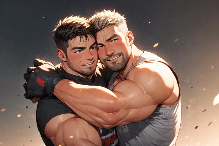 Blush, slightly frown, slightly smiling, gasp, [slightly open mouth:0.8], sweating, hugging, (see through:1.2), tank tops, glove,
(8K, HDR, best quality, highres, absurdres:1.2), specular lighting, photon mapping, radiosity, physically-based rendering, light particle, (establishing shot), (dynamice pose:1.2), (looking away:1.2),
2boys, (40 years old), grey hair, beard, chubby, extremely handsome,
<lora:add_detail:0.4> <lora:Nijimale-Glimmer:0.6> <lora:AsianMaleRG:0.2>