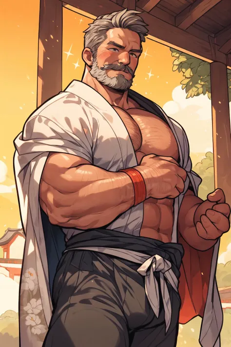 Topless, bara, [red-orange theme:0.5], Japanese temple, Torii, (Fundoshi:1.2), Kimono, (a man playing with a cat),
(8K, best quality, highres, absurdres:1.2), light particle, from below, (whole body:1.2), (looking away:1.2),
[frown], [blush], slightly smiling, (dynamic pose),
1daddy, (50 years old), grey hair, beard, mustache, (bulge:1.2), see-through,
<lora:more_details:0.3> <lora:NijiMaleV1.3f:0.6> <lora:KawaiiVibes_V3_prunned_fp16:1.5>