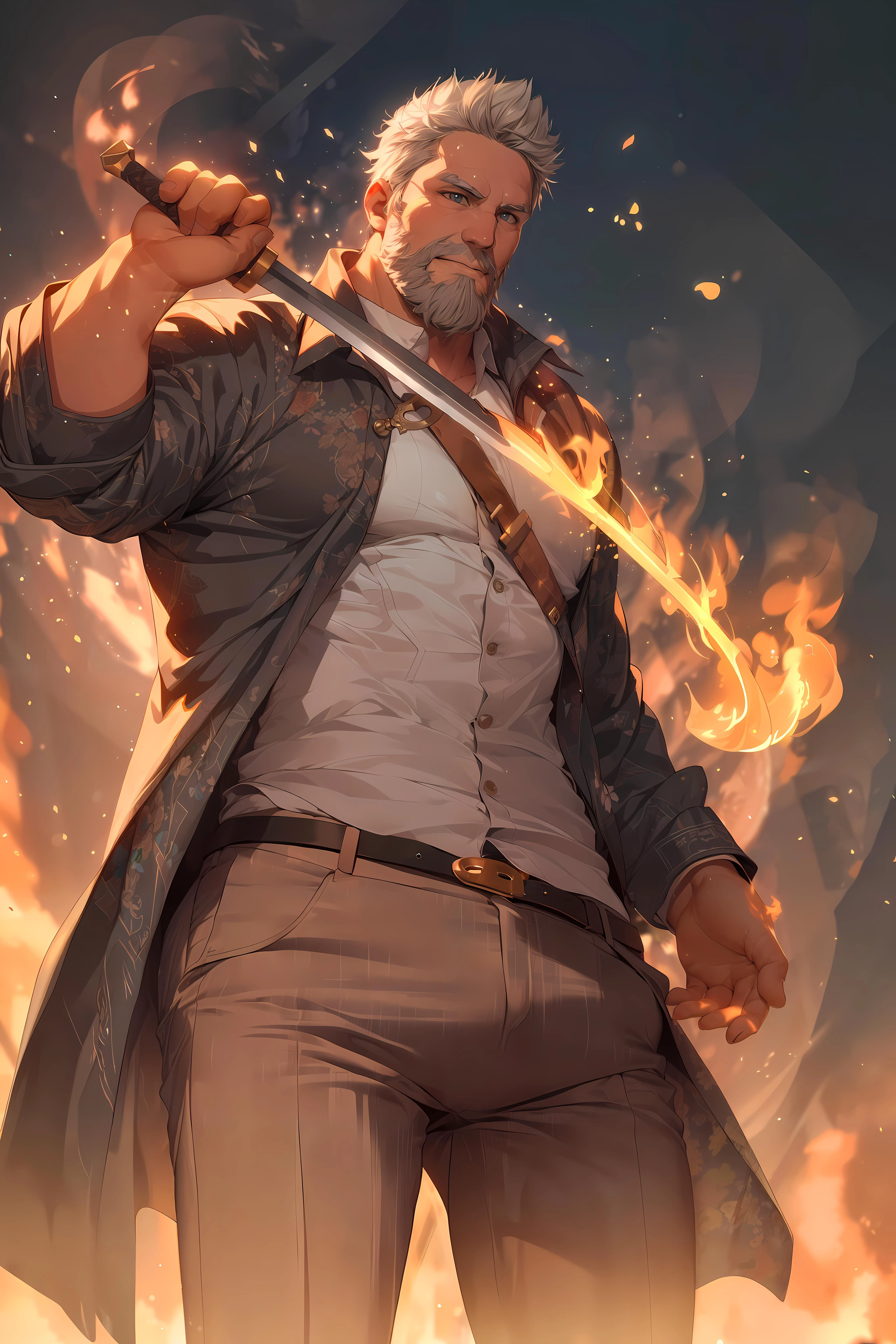 (game character holding a sword with flame), (digital art),
(8K, HDR, best quality, highres, absurdres:1.2), specular lighting, photon mapping, radiosity, physically-based rendering, dynamic pose,
1daddy, (40 years old), grey hair, beard, chubby daddy, extremely handsome,
<lora:Nijimale-Glimmer:0.6> <lora:AsianMaleRG:0.2> <lora:KatanaOneHandV5:0.7>