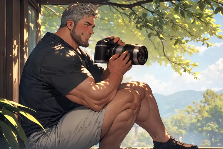 [jungle], holding a camera, squat, monkeys, shot monkeys,
(8K, HDR, best quality, highres, absurdres:1.2), specular lighting, photon mapping, radiosity, physically-based rendering, (establishing shot), (side shot:1.5), (looking camera:1.5),
[Blush:0.7], slightly frown, [smiling],
1daddy, (40 years old), grey hair, beard, chubby daddy, extremely handsome,
<lora:add_detail:0.4> <lora:Nijimale-Glimmer:0.6> <lora:AsianMaleRG:0.2>