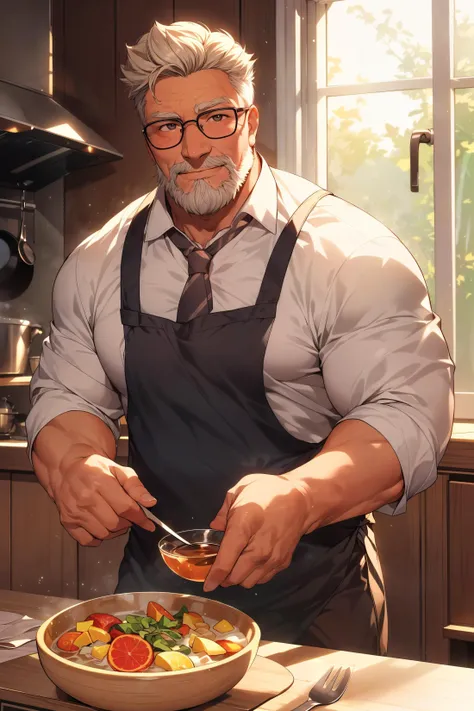 Wear uniform, tinted glasses, necktie, apron, at kitchen, one hand holding a spoon and bowl to drink soup, dishes on the table,
(8K, HDR, best quality, highres, absurdres, incredibly absurdres:1.2), specular lighting, photon mapping, radiosity, physically-based rendering, side view,
daddy, (40 years old), grey hair, beard, facial hair, slightly smiling <lora:add_detail:0.3> <lora:Nijimale-Glimmer:0.6>