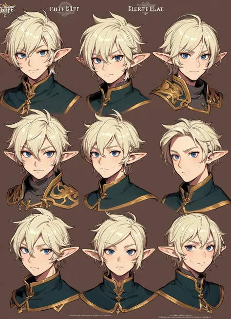 multiple mature male elf, chibi, dirty, masterpiece, best quality, highly detailed, rpg portrait, concept sheet,