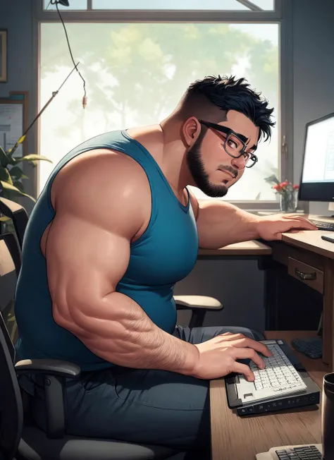 an insanely detailed painting of a chubby nerdy asian ugly man wearing a tank top, sitting at a computer desk typing on the keyboard, in the style of peter mohrbacher, dramatic lighting and composition, trending on artstation, side view,