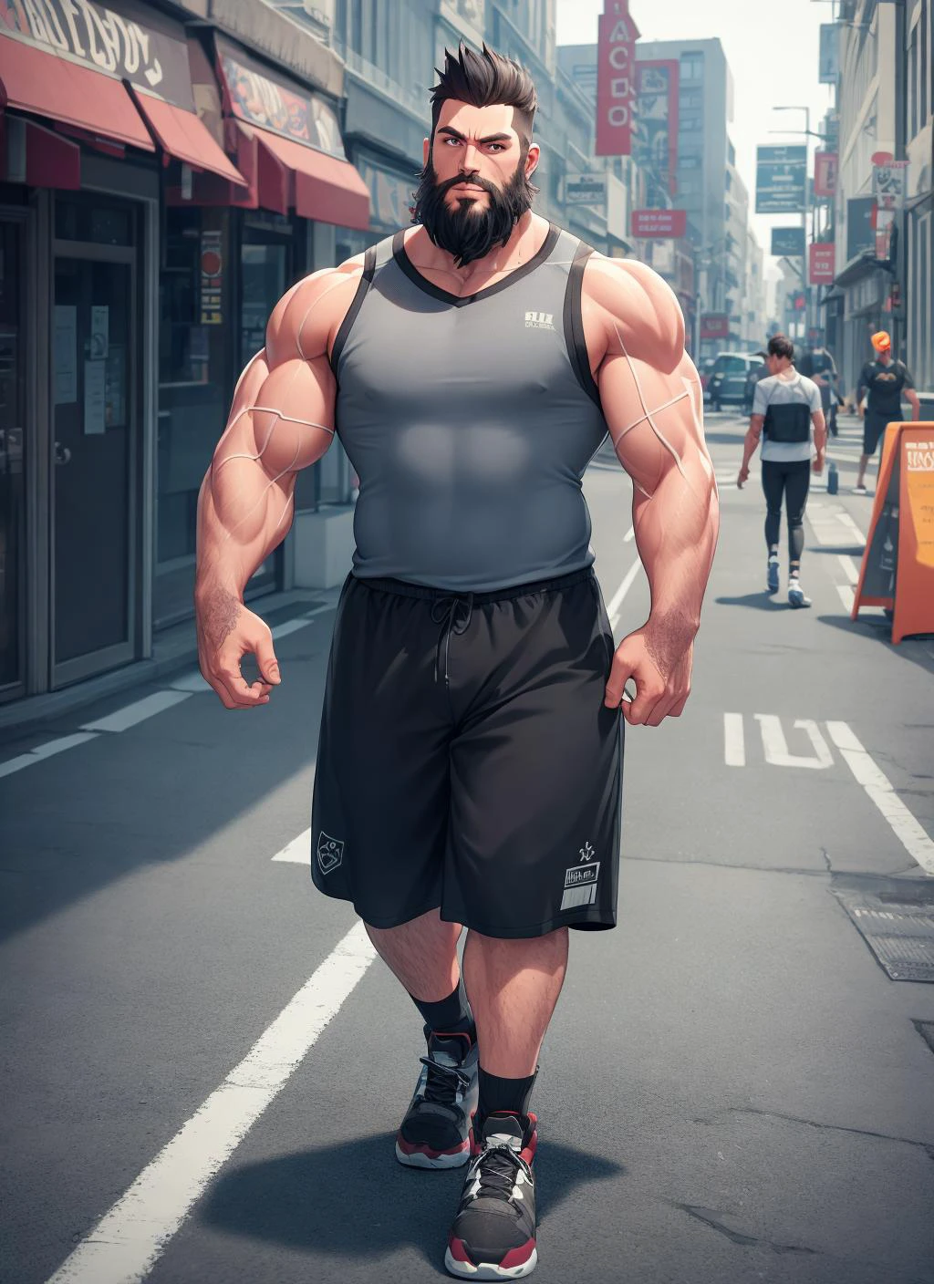 full body (muscular:1.4) (massive:1.4) (obse:0.7) athlete walking at street, sleeveless shirt, beard, octane render, Insanely Detailed 8k