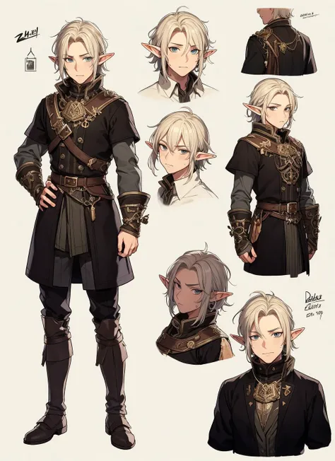 multiple mature male elf, chibi, dirty, masterpiece, best quality, highly detailed, rpg portrait, concept sheet,