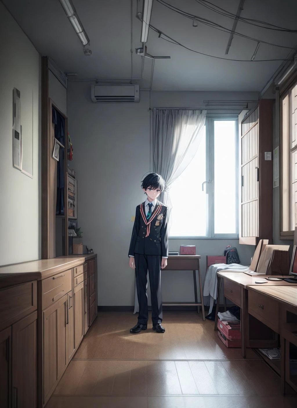 Boy in school uniform, japan apartment, window, dramatic cozy arts, warm aesthetic, volumetric light, noise film photo, octane render,