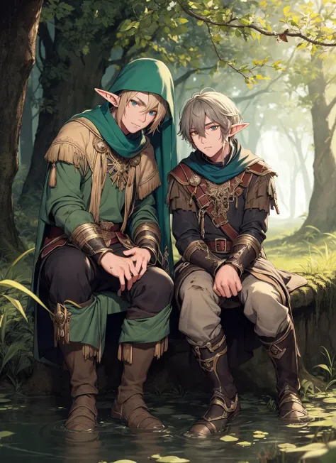 2boys, multiple mature elf, swamp, dirty, masterpiece, best quality, highly detailed, rpg portrait, sitting road,