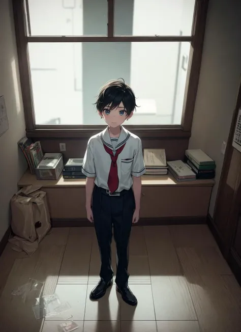 Boy in school uniform, japan apartment, window, dramatic cozy arts, warm aesthetic, volumetric light, noise film photo, octane render,