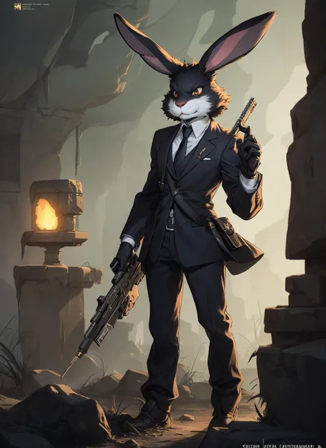 furry rabbit male hitman, dynamic lighting, fantasy concept art, stunning visuals, cinematic, ultra detailed, comic strip style