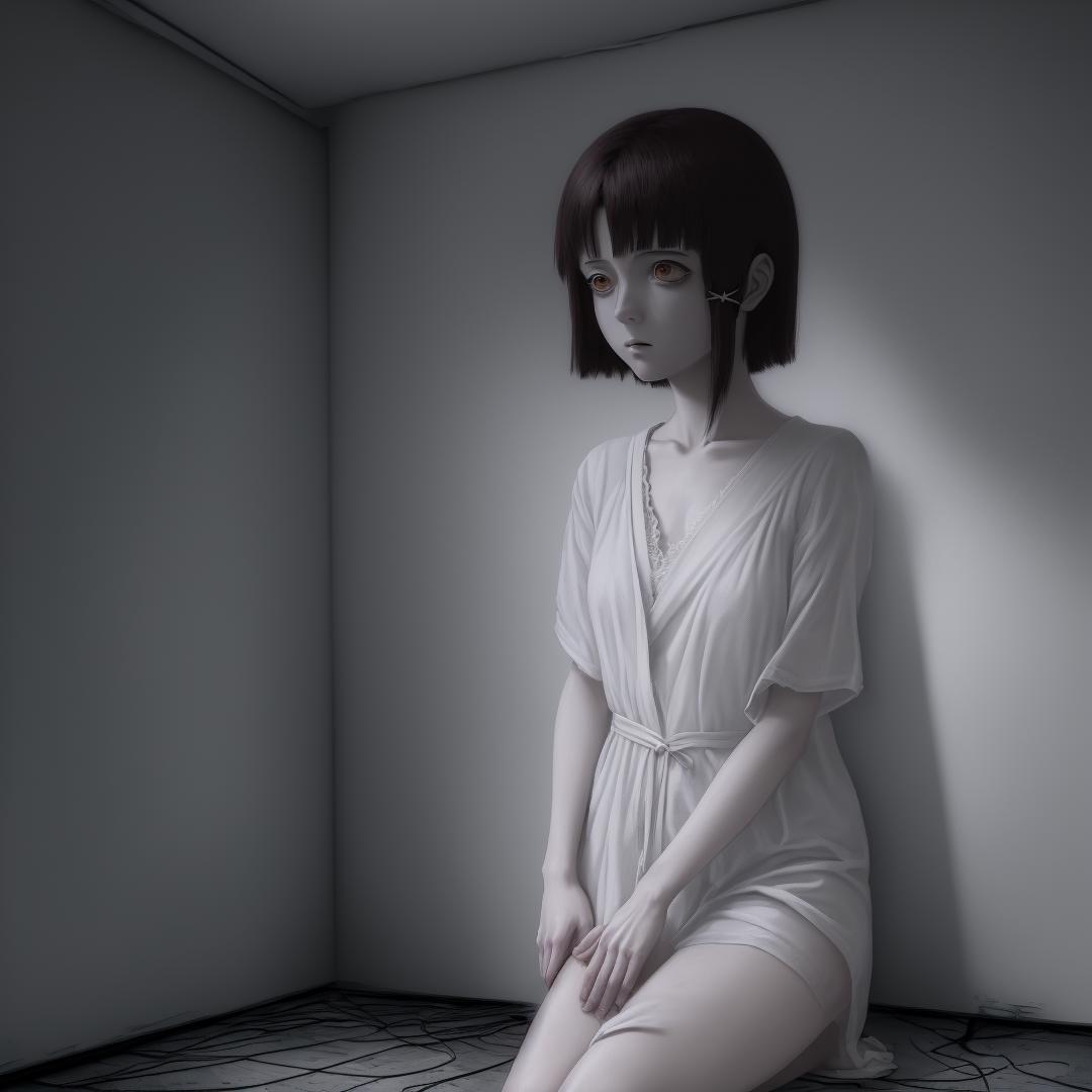 A woman sitting on the floor in a white dress - SeaArt AI