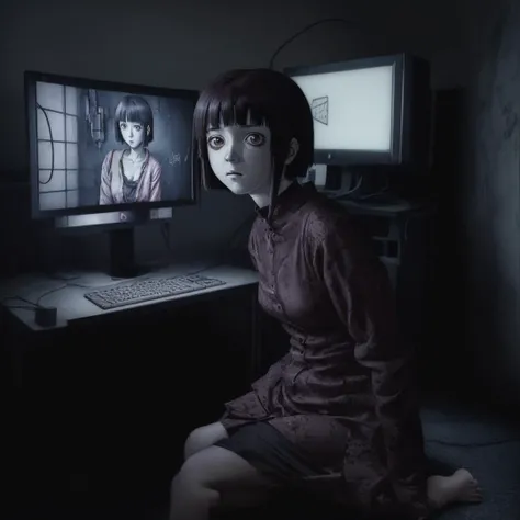 manga panel , horror manga, Lain Iwakura (Serial Experiments Lain) sitting in the middle of the room, giant computer monitors around her, zoomed out, walls with eyes, fullbody, intricate detail, manga style, screentones, <lora:lora:1>