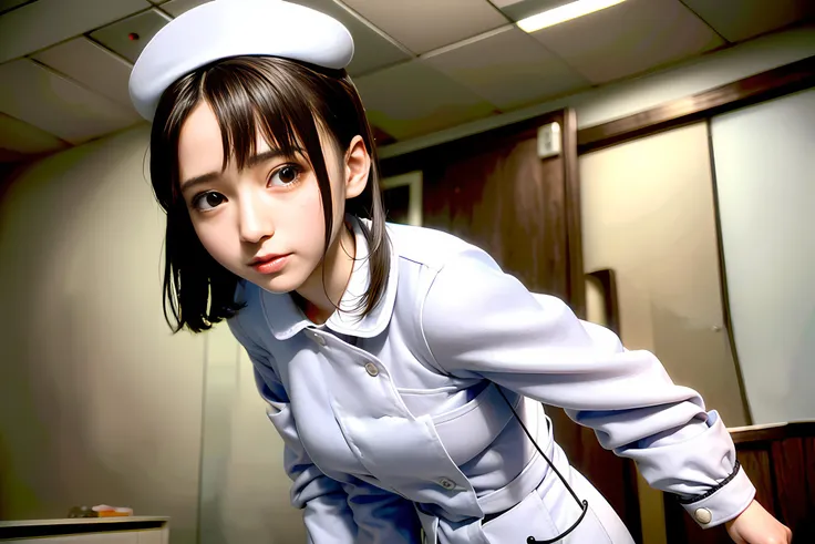 1 girl,(Wearing white nurse clothes:1.2),(Raw photo, highest quality), masterpiece, very delicate and beautiful, very detailed, 2k wallpaper, wonderful, finely, High resolution, soft light, beautiful detailed girl, very detailed eyes and face, beautifully detailed nose, finely beautiful eyes, nurse, perfect anatomy, black hair, up style, nurse uniform, ((nurse cap)), long skirt, nurse, white costume, thin, hospital, clear, white uniform, hospital room, auscultation of the neck,gokou ruri