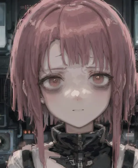 <lora:LainIwakuraSerialExperimentsLain0:1>, lain iwakura (serial experiments lain), cyberpunk, detailed background, looking at viewer, 1girl, ruins, CRT monitor in the background, ((ultra-detailed)), rim lighting, face closeup, cinematic shot, full face shot, portrait, 45 degree head, looking bored, (emotionless), slight smile, young adult, sharp face, 2D, computer cables, <lora:bags under eyes-000009:1.3>, ((Bags under eyes)),