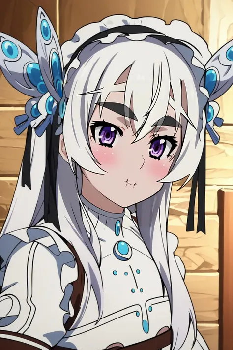 (masterpiece, best quality),  intricate details,
1girl,    <lora:1655637318951922931:0.8> anime perfect detailed style, best quality, ultra perfect detailed, perfect anatomy, chaika trabant (hitsugi no chaika), white-silvered hair, purple eyes, black eyebrows, black and white hair ornament with small silver butterflies on sides,
 <lora:Concept_Pout:0.8> pout,  puffed out cheeks,