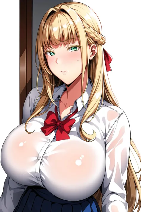 Simple White Background,
school_uniform,White collared shirt, pleated skirt, red_bowtie,
<lora:Louisa_Richter_SeikaJogakuin-KK77-V2:0.7>,Hair hair ribbon,
blonde hair ,green eyes,bangs,Long_hair,braided bun,braid,
<lora:Oda_Non_Style-KK77-V2:0.3>,<lora:more_details:0.1>,
1 girl, 20yo,Young female,Beautiful Finger,Beautiful long legs,Beautiful body,
Beautiful Nose,Beautiful character design, perfect eyes, perfect face,expressive eyes,perfect balance,
looking at viewer,(Focus on her face),closed mouth, (innocent_big_eyes:1.0),(Light_Smile:0.3),
official art,extremely detailed CG unity 8k wallpaper, perfect lighting,Colorful, Bright_Front_face_Lighting,White skin,
(masterpiece:1.0),(best_quality:1.0), ultra high res,4K,ultra-detailed,
photography, 8K, HDR, highres, absurdres:1.2, Kodak portra 400, film grain, blurry background, bokeh:1.2, lens flare, (vibrant_color:1.2),professional photograph,
(Beautiful,large_Breasts:1.4), (beautiful_face:1.5),(narrow_waist),