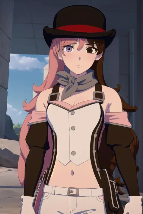 neopolitan, <lora:neopolitanv2-lora-nochekaiser:1>,
neopolitan, long hair, brown hair, (brown eyes:1.3), pink hair, multicolored hair, pink eyes, two-tone hair, (heterochromia:1.2), split-color hair,
BREAK gloves, hat, navel, brown eyes, detached sleeves, midriff, belt, pants, white gloves, black headwear, bowler hat,
BREAK outdoors,
BREAK looking at viewer, (cowboy shot:1.5),
BREAK <lyco:GoodHands-beta2:1>, (masterpiece:1.2), best quality, high resolution, unity 8k wallpaper, (illustration:0.8), (beautiful detailed eyes:1.6), extremely detailed face, perfect lighting, extremely detailed CG, (perfect hands, perfect anatomy),