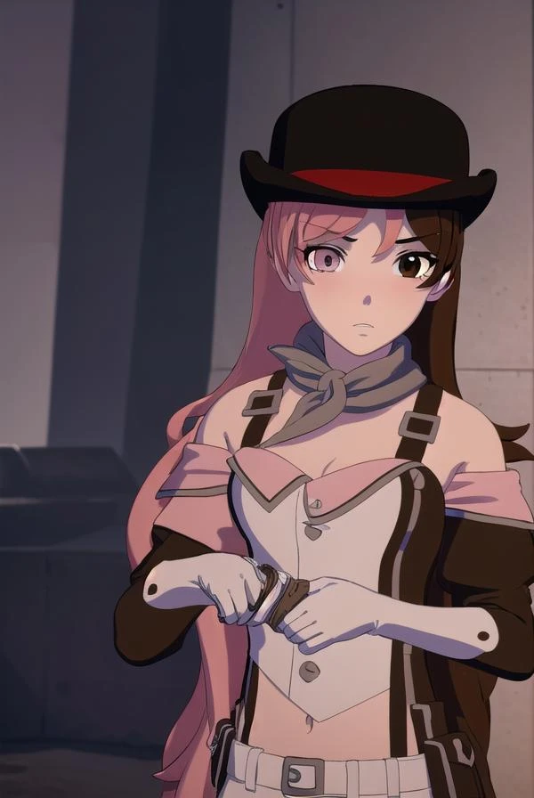 neopolitan, <lora:neopolitanv2-lora-nochekaiser:1>,
neopolitan, long hair, brown hair, (brown eyes:1.3), pink hair, multicolored hair, pink eyes, two-tone hair, (heterochromia:1.2), split-color hair,
BREAK gloves, hat, navel, brown eyes, detached sleeves, midriff, belt, pants, white gloves, black headwear, bowler hat,
BREAK outdoors,
BREAK looking at viewer, (cowboy shot:1.5),
BREAK <lyco:GoodHands-beta2:1>, (masterpiece:1.2), best quality, high resolution, unity 8k wallpaper, (illustration:0.8), (beautiful detailed eyes:1.6), extremely detailed face, perfect lighting, extremely detailed CG, (perfect hands, perfect anatomy),