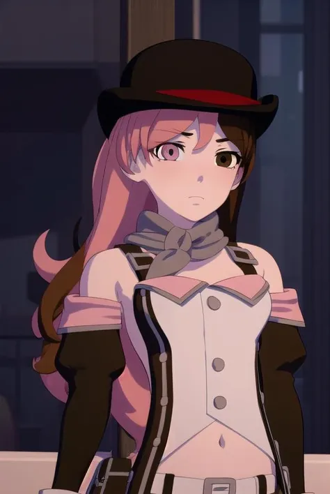 neopolitan, <lora:neopolitanv2-lora-nochekaiser:1>,
neopolitan, long hair, brown hair, (brown eyes:1.3), pink hair, multicolored hair, pink eyes, two-tone hair, (heterochromia:1.2), split-color hair,
BREAK gloves, hat, navel, brown eyes, detached sleeves, midriff, belt, pants, white gloves, black headwear, bowler hat,
BREAK outdoors,
BREAK looking at viewer, (cowboy shot:1.5),
BREAK <lyco:GoodHands-beta2:1>, (masterpiece:1.2), best quality, high resolution, unity 8k wallpaper, (illustration:0.8), (beautiful detailed eyes:1.6), extremely detailed face, perfect lighting, extremely detailed CG, (perfect hands, perfect anatomy),