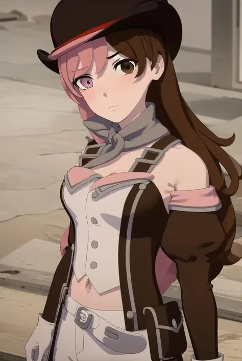 neopolitan, <lora:neopolitanv2-lora-nochekaiser:1>,
neopolitan, long hair, brown hair, (brown eyes:1.3), pink hair, multicolored hair, pink eyes, two-tone hair, (heterochromia:1.2), split-color hair,
BREAK gloves, hat, navel, brown eyes, detached sleeves, midriff, belt, pants, white gloves, black headwear, bowler hat,
BREAK outdoors,
BREAK looking at viewer, (cowboy shot:1.5),
BREAK <lyco:GoodHands-beta2:1>, (masterpiece:1.2), best quality, high resolution, unity 8k wallpaper, (illustration:0.8), (beautiful detailed eyes:1.6), extremely detailed face, perfect lighting, extremely detailed CG, (perfect hands, perfect anatomy),