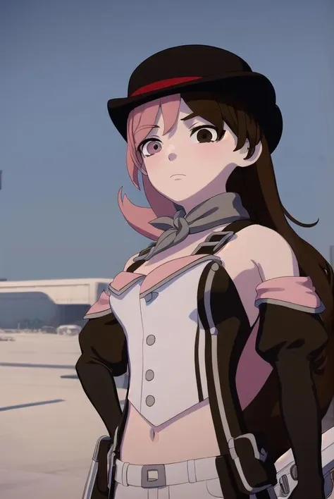 neopolitan, <lora:neopolitanv2-lora-nochekaiser:1>,
neopolitan, long hair, brown hair, (brown eyes:1.3), pink hair, multicolored hair, pink eyes, two-tone hair, (heterochromia:1.2), split-color hair,
BREAK gloves, hat, navel, brown eyes, detached sleeves, midriff, belt, pants, white gloves, black headwear, bowler hat,
BREAK outdoors,
BREAK looking at viewer, (cowboy shot:1.5),
BREAK <lyco:GoodHands-beta2:1>, (masterpiece:1.2), best quality, high resolution, unity 8k wallpaper, (illustration:0.8), (beautiful detailed eyes:1.6), extremely detailed face, perfect lighting, extremely detailed CG, (perfect hands, perfect anatomy),