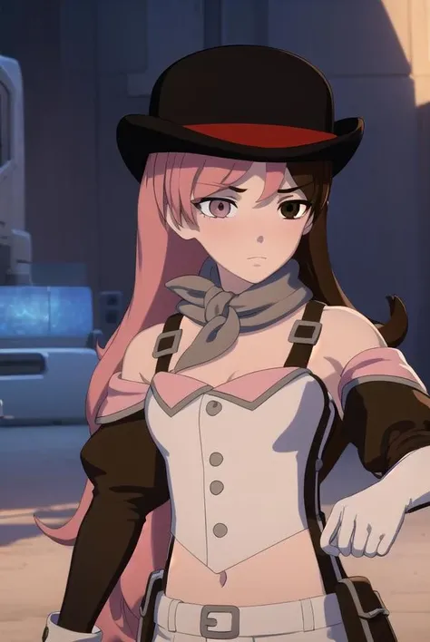 neopolitan, <lora:neopolitanv2-lora-nochekaiser:1>,
neopolitan, long hair, brown hair, (brown eyes:1.3), pink hair, multicolored hair, pink eyes, two-tone hair, (heterochromia:1.2), split-color hair,
BREAK gloves, hat, navel, brown eyes, detached sleeves, midriff, belt, pants, white gloves, black headwear, bowler hat,
BREAK outdoors,
BREAK looking at viewer, (cowboy shot:1.5),
BREAK <lyco:GoodHands-beta2:1>, (masterpiece:1.2), best quality, high resolution, unity 8k wallpaper, (illustration:0.8), (beautiful detailed eyes:1.6), extremely detailed face, perfect lighting, extremely detailed CG, (perfect hands, perfect anatomy),