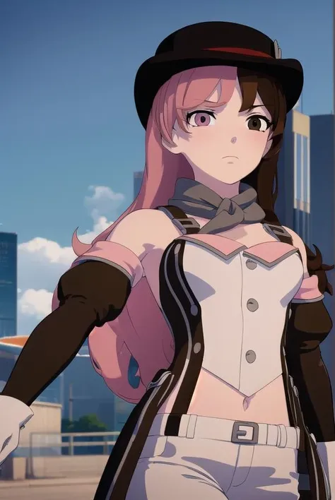 neopolitan, <lyco:neopolitan-lyco-nochekaiser:1>,
neopolitan, long hair, brown hair, (brown eyes:1.3), pink hair, multicolored hair, pink eyes, two-tone hair, (heterochromia:1.2), split-color hair,
BREAK gloves, hat, navel, brown eyes, detached sleeves, midriff, belt, pants, white gloves, black headwear, bowler hat,
BREAK looking at viewer,
BREAK outdoors,
BREAK <lyco:GoodHands-beta2:1>, (masterpiece:1.2), best quality, high resolution, unity 8k wallpaper, (illustration:0.8), (beautiful detailed eyes:1.6), extremely detailed face, perfect lighting, extremely detailed CG, (perfect hands, perfect anatomy),