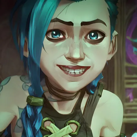 arcane, jinx, blue eyes, braid, blue hair, very long hair, bangs, lipstick, eye shadow, freckles, portrait, upper body, crop top, jinx (league of legends), shoulder tattoo, smiling, teeth, <lora:jinx:1>