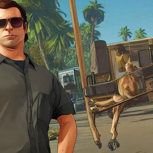 GTA San Andreas Beach Scenery , a stoic man with a mustache , Average height ,holding a bottle of drink and in the other hand some dollar bills , behind him there is a robot and on the other side a beautiful blonde girl in a bikini
