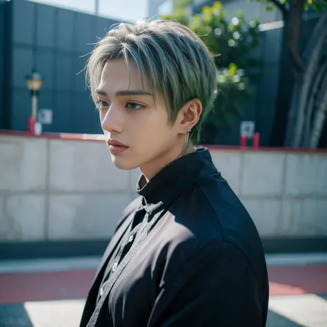 mackenyu, zoro, a man with silver hair, <lora:mackenyu:1>, street shooting, modern wear