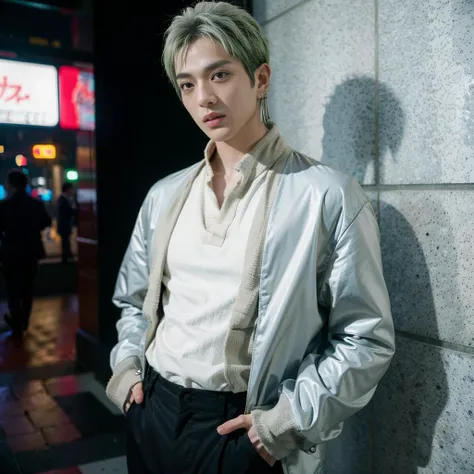 exo baekhyun with white hair in a car with loose white clothes rainy night scenery with hair on his face and detective briefcase next to him blank expression sitting with legs curled up like L from death note