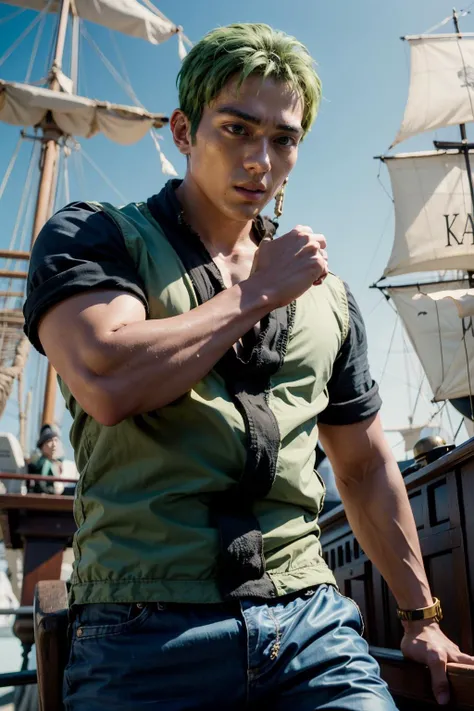 mackenyu, zoro, a man with green hair on a pirate ship <lora:mackenyu:1>