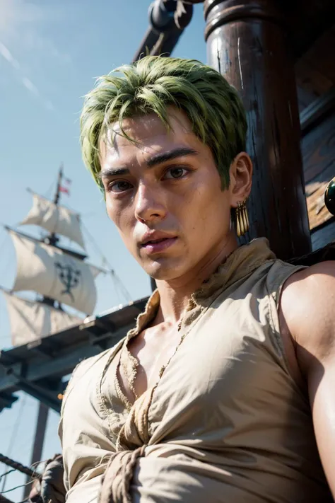 mackenyu, zoro, a man with green hair on a pirate ship <lora:mackenyu:1>