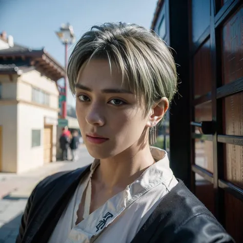 mackenyu, zoro, a man with silver hair, <lora:mackenyu:1>, street shooting, modern wear